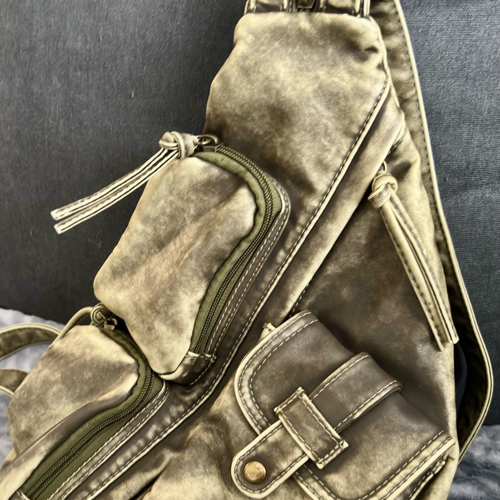 Olive Green Women's Sling Backpack with Multiple Pockets